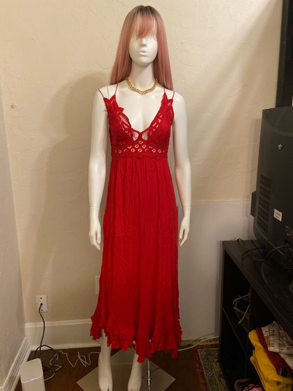 FP One (Free People) Lace-Detail Red Maxi Dress with Spaghetti Straps
